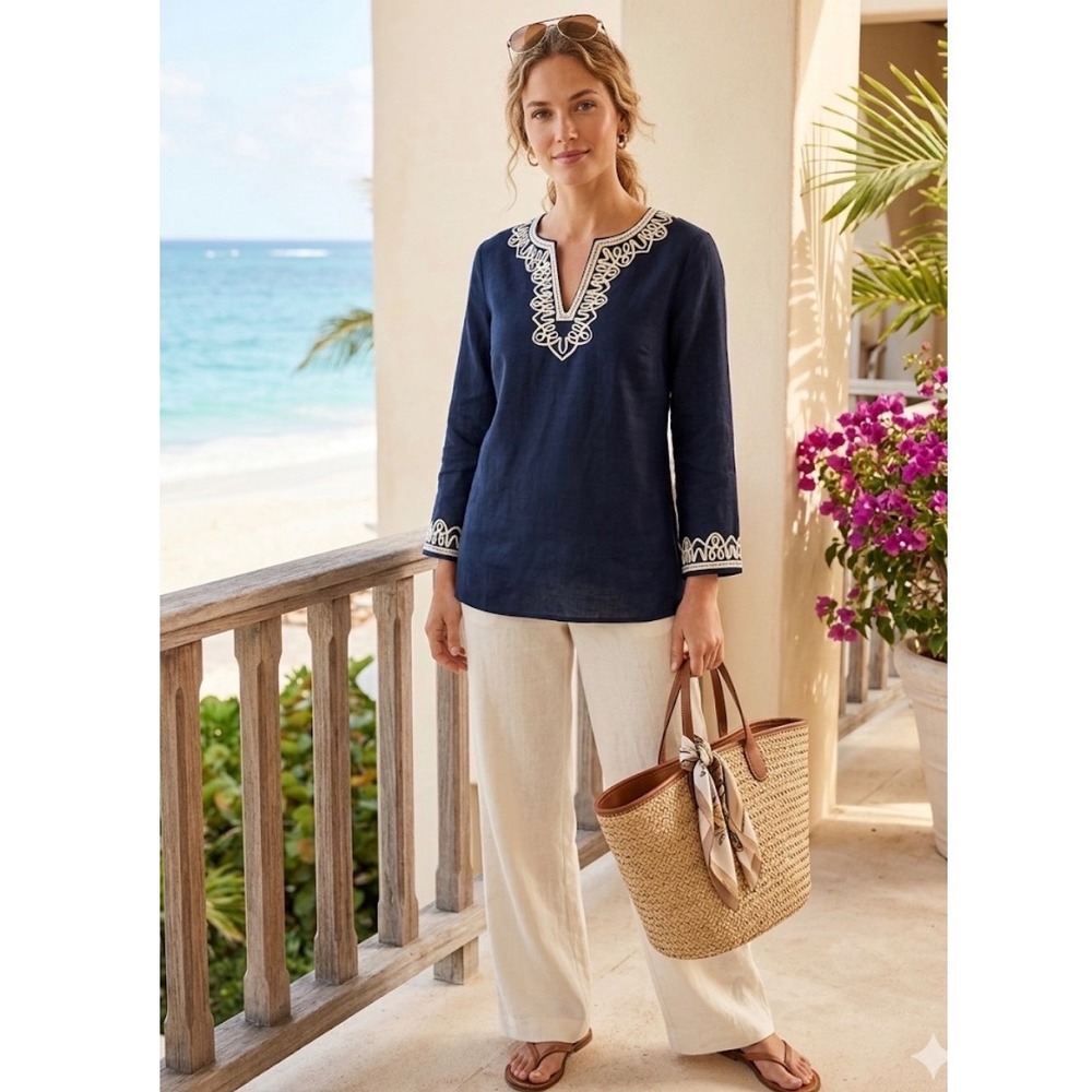 Talbots Petites Navy Blue 100% Linen Embroidered Split Neck Tunic Top SP